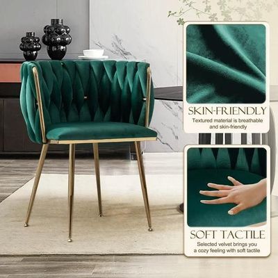 Wooden Twist Design Woven Back Velvet Upholstery and Metal Legs Elegant Seating Dining Chair for Cafe, Restaurant, and Home