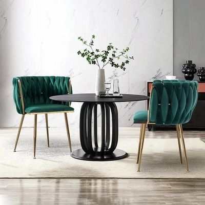 Wooden Twist Design Woven Back Velvet Upholstery and Metal Legs Elegant Seating Dining Chair for Cafe, Restaurant, and Home