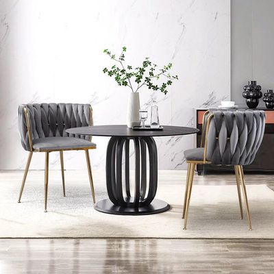 Wooden Twist Design Woven Back Velvet Upholstery and Metal Legs Elegant Seating Dining Chair for Cafe, Restaurant, and Home