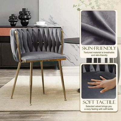 Wooden Twist Design Woven Back Velvet Upholstery and Metal Legs Elegant Seating Dining Chair for Cafe, Restaurant, and Home