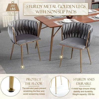 Wooden Twist Design Woven Back Velvet Upholstery and Metal Legs Elegant Seating Dining Chair for Cafe, Restaurant, and Home