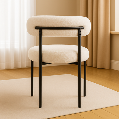 Round Upholstered Boucle Dining Room Chair Mid-Century Modern Kitchen Chairs Curved Backrest Chairs for Dining Room Black Metal Legs