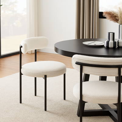Round Upholstered Boucle Dining Room Chair Mid-Century Modern Kitchen Chairs Curved Backrest Chairs for Dining Room Black Metal Legs
