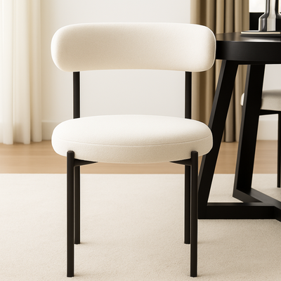 Round Upholstered Boucle Dining Room Chair Mid-Century Modern Kitchen Chairs Curved Backrest Chairs for Dining Room Black Metal Legs