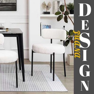 Round Upholstered Boucle Dining Room Chair Mid-Century Modern Kitchen Chairs Curved Backrest Chairs for Dining Room Black Metal Legs