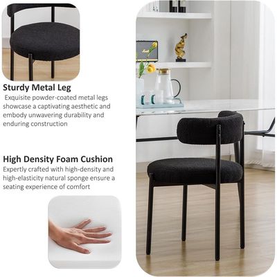 Round Upholstered Boucle Dining Room Chair Mid-Century Modern Kitchen Chairs Curved Backrest Chairs for Dining Room Black Metal Legs