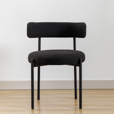 Round Upholstered Boucle Dining Room Chair Mid-Century Modern Kitchen Chairs Curved Backrest Chairs for Dining Room Black Metal Legs