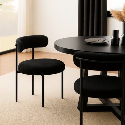 Round Upholstered Boucle Dining Room Chair Mid-Century Modern Kitchen Chairs Curved Backrest Chairs for Dining Room Black Metal Legs Round Upholstered Boucle Dining Room Chair Mid-Century Modern Kitchen Chairs Curved Backrest Chairs for Dining Room Black Metal Legs