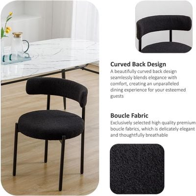 Round Upholstered Boucle Dining Room Chair Mid-Century Modern Kitchen Chairs Curved Backrest Chairs for Dining Room Black Metal Legs