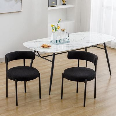 Round Upholstered Boucle Dining Room Chair Mid-Century Modern Kitchen Chairs Curved Backrest Chairs for Dining Room Black Metal Legs
