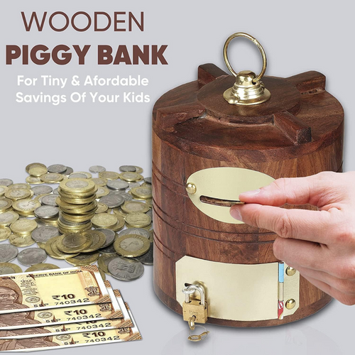 Quesera Wooden Money Box for Kids ,gifting,Wooden Money Box with Lock Piggy Bank (Water Tank Shape)