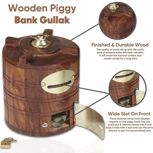 Quesera Wooden Money Box for Kids ,gifting,Wooden Money Box with Lock Piggy Bank (Water Tank Shape)