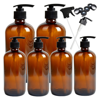 Quesera 6 Pack Empty Amber Glass Pump Bottles, 2 Pack 500ml and 4 Pack 250ml Pump Bottles Refillable Containers for Essential Oils, Cleaning Products, Lotions, Aromatherapy, Durable Black Pumps