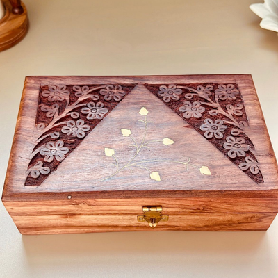 QUESERA Exquisitely Hand Brass-Filled Wooden Jewelry Box| Handmade Decorative Case| Kit| Vanity| Organizer For Women, Girls, Necklaces, Gold, OUD BOX , Storage, Money, Wedding Gift , (6 x 4 inch)