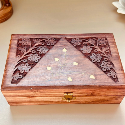 QUESERA Exquisitely Hand Brass-Filled Wooden Jewelry Box| Handmade Decorative Case| Kit| Vanity| Organizer For Women, Girls, Necklaces, Gold, OUD BOX , Storage, Money, Wedding Gift , (10 x 6 inch)