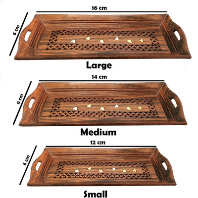 Quesera Wooden handcrafted sheesham wood serving tray/wooden platter  with jali design and brass inlay work. - Set of 3 (Small :-12 * 6, Medium:- 14 * 6, Large :- 16 * 6)