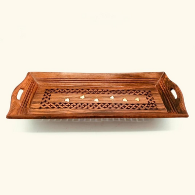 Quesera Wooden handcrafted sheesham wood serving tray/wooden platter  with jali design and brass inlay work. - Set of 3 (Small :-12 * 6, Medium:- 14 * 6, Large :- 16 * 6)