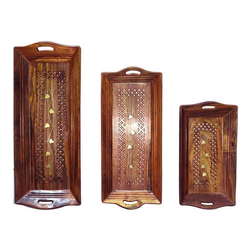 Quesera Wooden handcrafted sheesham wood serving tray/wooden platter  with jali design and brass inlay work. - Set of 3 (Small :-12 * 6, Medium:- 14 * 6, Large :- 16 * 6)