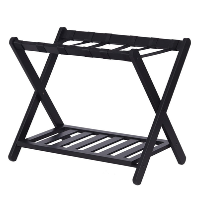 Quesera Luggage Rack, Bamboo Folding Luggage Rack Suitcase Stand with Storage Shelf for Home Bedroom Guest Room - Black