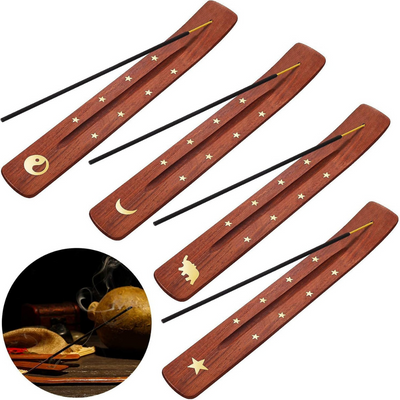 Quesera 4 Pieces Wooden Incense Holder Handmade Wooden Incense Stick Holder Wood Incense Burner Ash Catcher of Brass Yin and Yang, Crescent Moon, Stars, Elephant,10 Inches,4 random styles