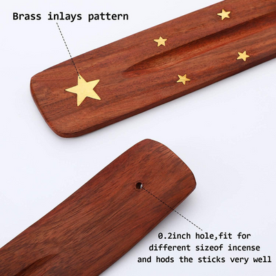 Quesera 4 Pieces Wooden Incense Holder Handmade Wooden Incense Stick Holder Wood Incense Burner Ash Catcher of Brass Yin and Yang, Crescent Moon, Stars, Elephant,10 Inches,4 random styles