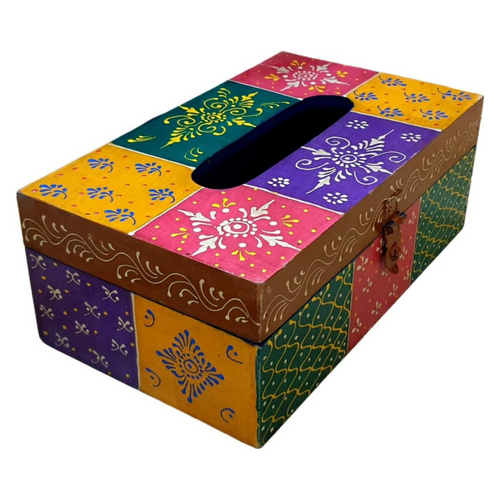 QUESERA Handpainted Multicolor Wooden Tissue Box Rectangular Napkin Holder,Facial Tissue Pumping Paper Dispenser Desk Organizer Storage Box Home Office Supplies (Handpainted Multicolor)