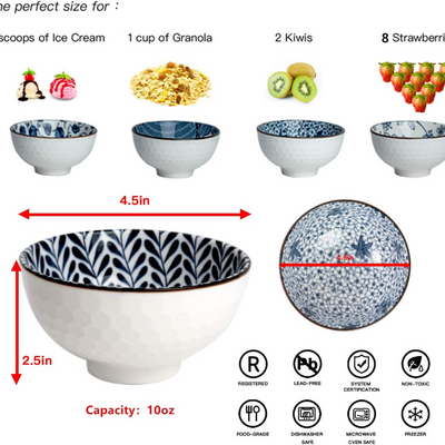  Quesera  Ceramic Cereal Bowls Salad,Soup,Rice Bowl Set,Blue and White (4.5 inch)