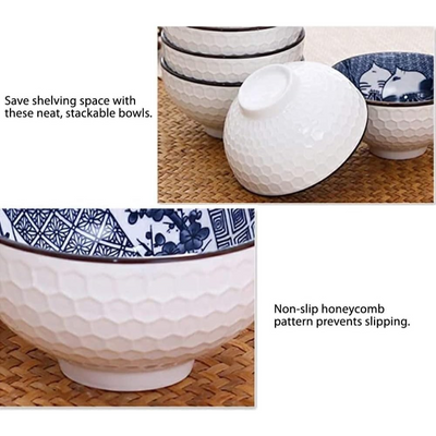  Quesera  Ceramic Cereal Bowls Salad,Soup,Rice Bowl Set,Blue and White (4.5 inch)