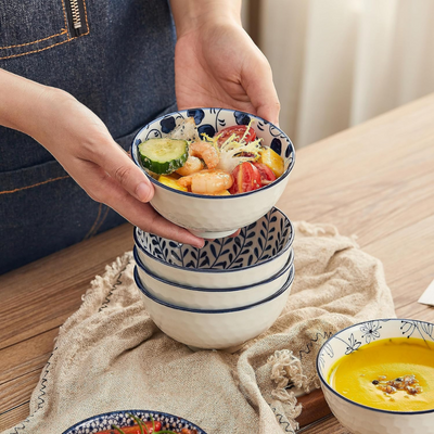  Quesera  Ceramic Cereal Bowls Salad,Soup,Rice Bowl Set,Blue and White (4.5 inch)