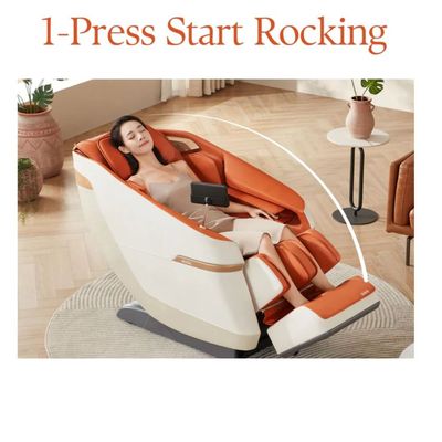 Rotai Jimny 2-in-1 rocking massage chair in a calming blue, designed with 22 auto wellness massage programs specifically catering to mothers. Orange