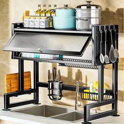 2 Tier Large Storage Stainless Material Over The Sink Dish Drying Rack with Dust Proof Cover for Kitchen