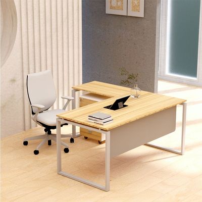 Mahmayi Carre 5114L L-Shaped Modern Workstation Desk with Storage Drawer, Computer Desk, Square Metal Legs with Modesty Panel - Coco Bolo - Ideal for Home, Office