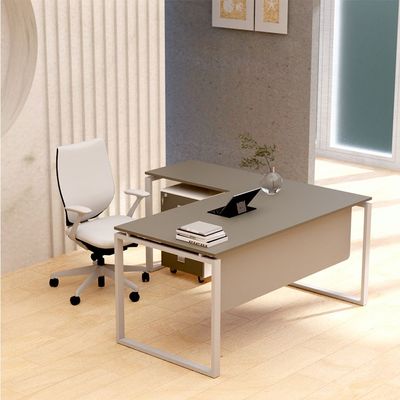 Mahmayi Carre 5114L L-Shaped Modern Workstation Desk with Storage Drawer, Computer Desk, Square Metal Legs with Modesty Panel - Grey - Ideal for Home, Office