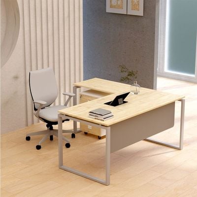 Mahmayi Carre 5114L L-Shaped Modern Workstation Desk with Storage Drawer, Computer Desk, Square Metal Legs with Modesty Panel - Natural Davos Oak - Ideal for Home, Office