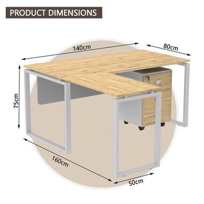 مكتب محطة عمل حديث على شكل حرف L من Mahmayi Carre 5114L مع درج تخزين ومكتب كمبيوتر وأرجل معدنية مربعة مع لوحة متواضعة - بلوط دافوس الطبيعي - مثالي للمنزل والمكتب
