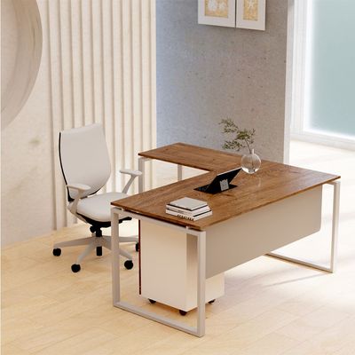 Mahmayi Carre 5114L L-Shaped Modern Workstation Desk with Storage Drawer, Computer Desk, Square Metal Legs with Modesty Panel - Truffle Davos Oak - Ideal for Home, Office