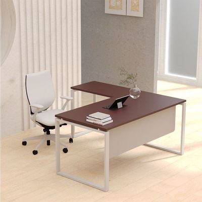 Mahmayi Carre 5114L L-Shaped Modern Workstation Desk without Drawer, Computer Desk, Square Metal Legs with Modesty Panel - Apple Cherry - Ideal for Home, Office