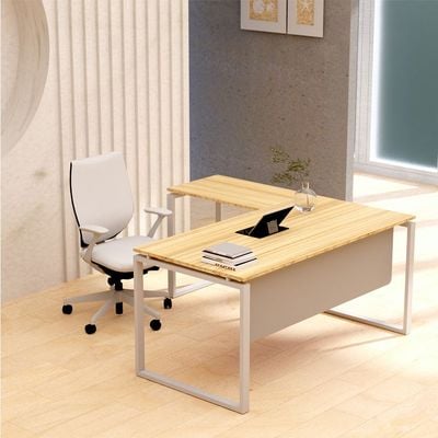 Mahmayi Carre 5114L L-Shaped Modern Workstation Desk without Drawer, Computer Desk, Square Metal Legs with Modesty Panel - Coco Bolo - Ideal for Home, Office