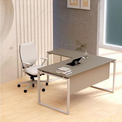 Mahmayi Carre 5114L L-Shaped Modern Workstation Desk without Drawer, Computer Desk, Square Metal Legs with Modesty Panel - Grey - Ideal for Home, Office