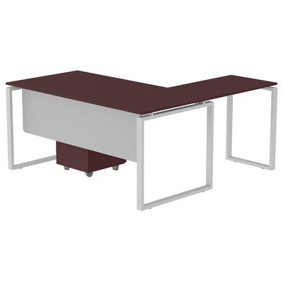 Mahmayi Carre 5116L L-Shaped Modern Workstation Desk with Storage Drawer, Computer Desk, Square Metal Legs with Modesty Panel - Apple Cherry - Ideal for Home, Office