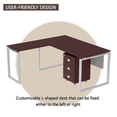 Mahmayi Carre 5116L L-Shaped Modern Workstation Desk with Storage Drawer, Computer Desk, Square Metal Legs with Modesty Panel - Apple Cherry - Ideal for Home, Office