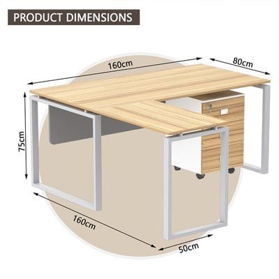مكتب محطة عمل حديث على شكل حرف L من Mahmayi Carre 5116L مع درج تخزين ومكتب كمبيوتر وأرجل معدنية مربعة مع لوحة متواضعة - Coco Bolo - مثالي للمنزل والمكتب