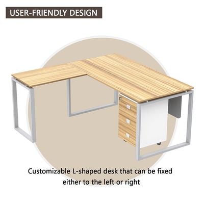 مكتب محطة عمل حديث على شكل حرف L من Mahmayi Carre 5116L مع درج تخزين ومكتب كمبيوتر وأرجل معدنية مربعة مع لوحة متواضعة - Coco Bolo - مثالي للمنزل والمكتب