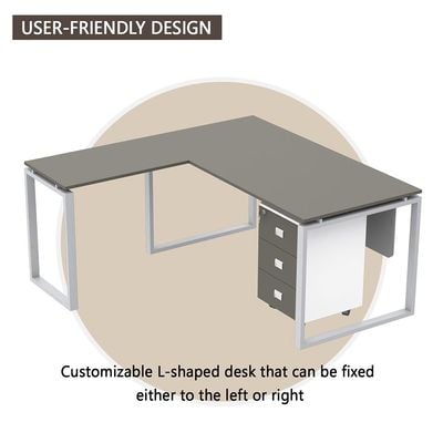 مكتب محطة عمل حديث على شكل حرف L من Mahmayi Carre 5116L مع درج تخزين ومكتب كمبيوتر وأرجل معدنية مربعة مع لوحة متواضعة - رمادي - مثالي للمنزل والمكتب