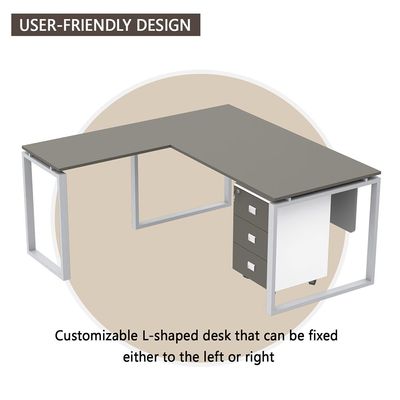 Mahmayi Carre 5116L L-Shaped Modern Workstation Desk with Storage Drawer, Computer Desk, Square Metal Legs with Modesty Panel - Grey - Ideal for Home, Office