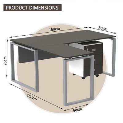 مكتب محطة عمل حديث على شكل حرف L من Mahmayi Carre 5116L مع درج تخزين ومكتب كمبيوتر وأرجل معدنية مربعة مع لوحة متواضعة - رمادي - مثالي للمنزل والمكتب