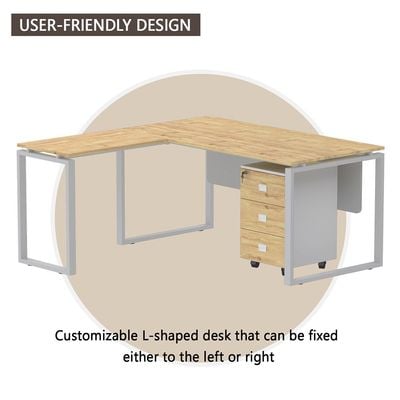 مكتب محطة عمل حديث على شكل حرف L من Mahmayi Carre 5116L مع درج تخزين ومكتب كمبيوتر وأرجل معدنية مربعة مع لوحة متواضعة - بلوط دافوس الطبيعي - مثالي للمنزل والمكتب