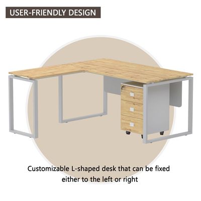 Mahmayi Carre 5116L L-Shaped Modern Workstation Desk with Storage Drawer, Computer Desk, Square Metal Legs with Modesty Panel - Natural Davos Oak - Ideal for Home, Office