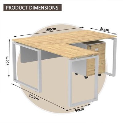 مكتب محطة عمل حديث على شكل حرف L من Mahmayi Carre 5116L مع درج تخزين ومكتب كمبيوتر وأرجل معدنية مربعة مع لوحة متواضعة - بلوط دافوس الطبيعي - مثالي للمنزل والمكتب
