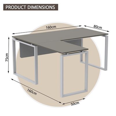 Mahmayi Carre 5116L L-Shaped Modern Workstation Desk without Drawer, Computer Desk, Square Metal Legs with Modesty Panel - Grey - Ideal for Home, Office